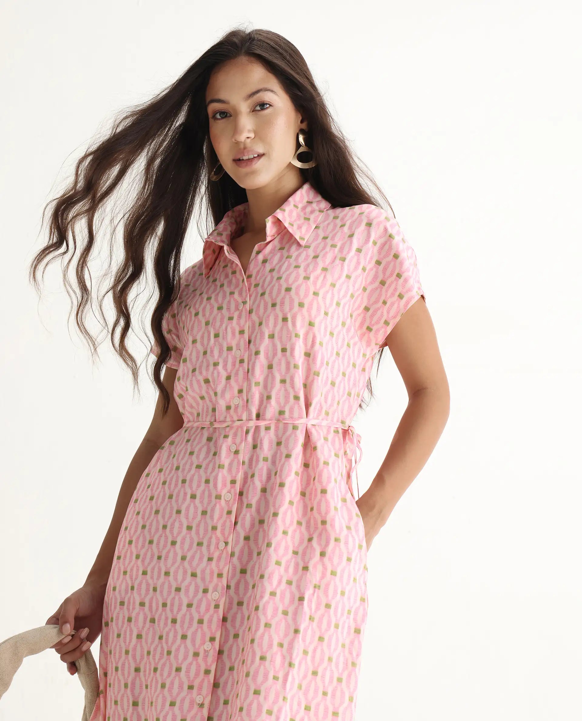 Rareism Women's Eleen Pink Cotton Collared Neck A-Line Printed Midi Dress - Image 4