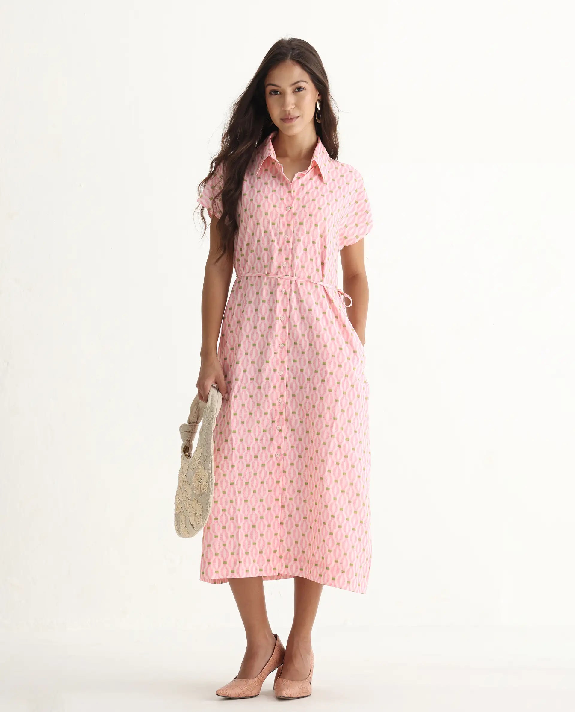 Rareism Women's Eleen Pink Cotton Collared Neck A-Line Printed Midi Dress