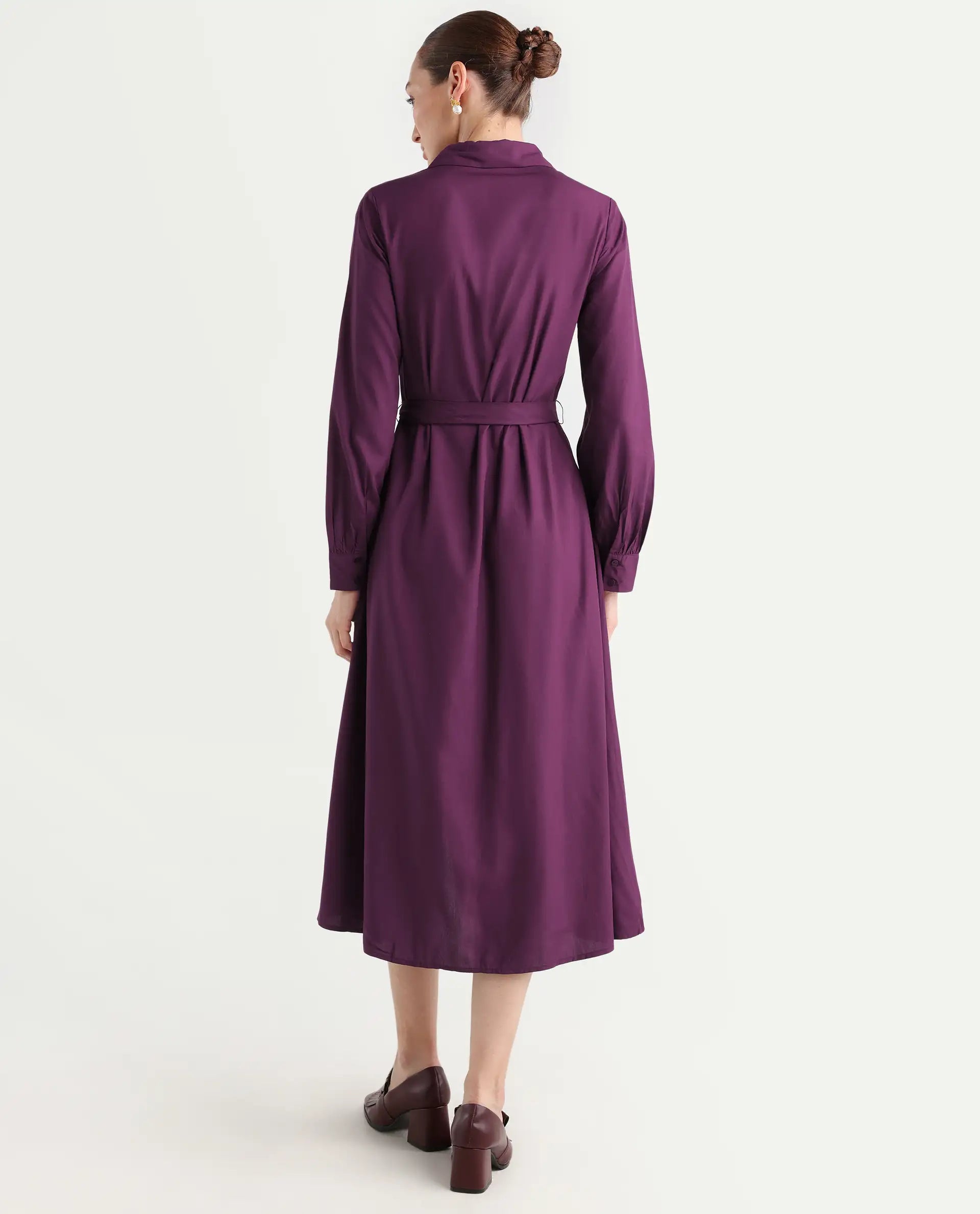 Rareism Women's Eleia Maroon Viscose Collared Neck A-Line Plain Midi Dress - Image 8