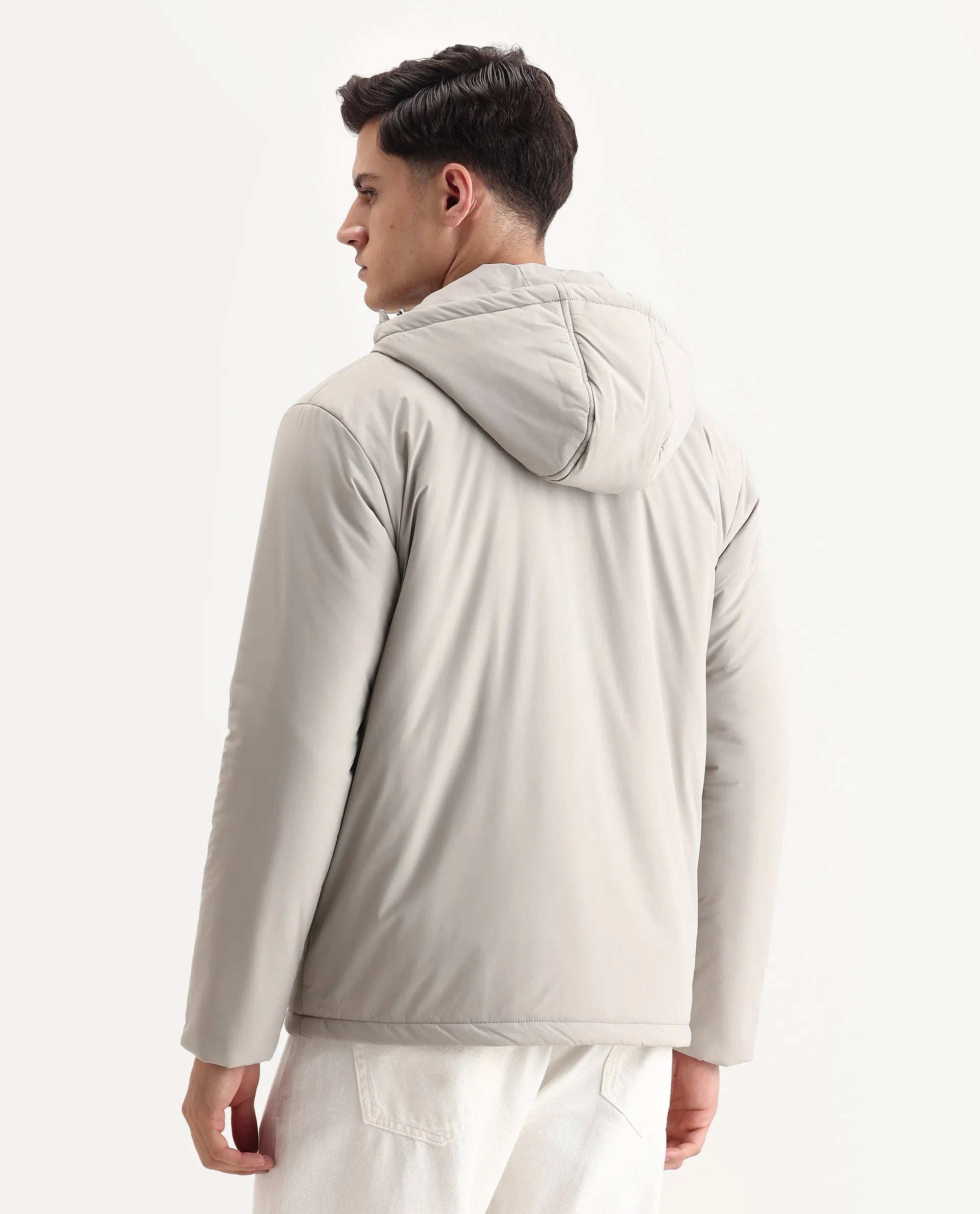Rare Rabbit Men's Kost Light Grey Nylon Fabric High Neck Relaxed Plain Jacket - Image 7