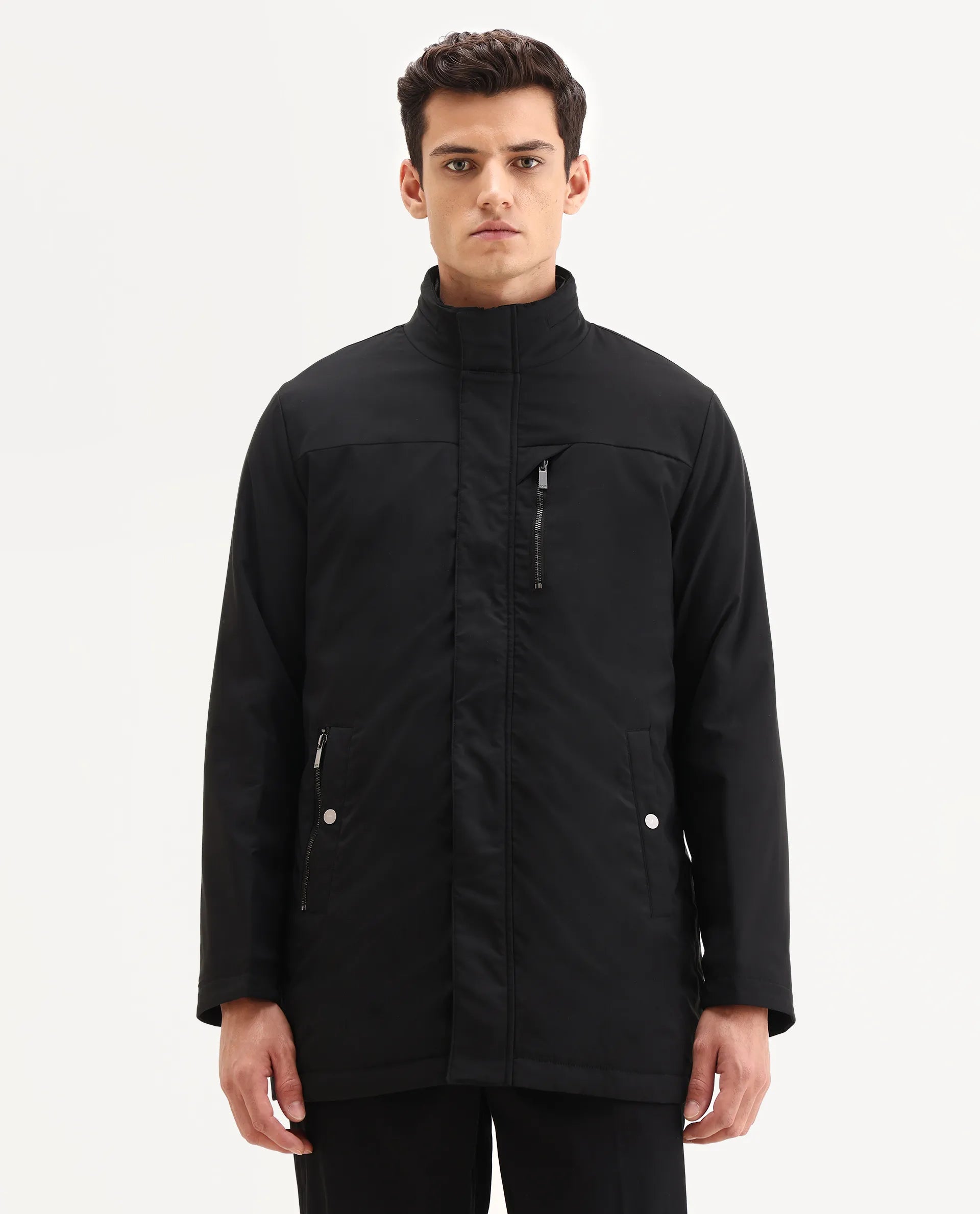 Rare Rabbit Men's Macaw-25 Black Polyester Plain Regular Fit Full Sleeve High Neck Jacket - Image 4
