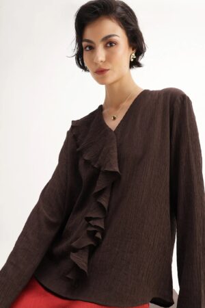 Rareism Women's Nemti-Brown Viscose Ruffled Neck Regular Fit Plain Top