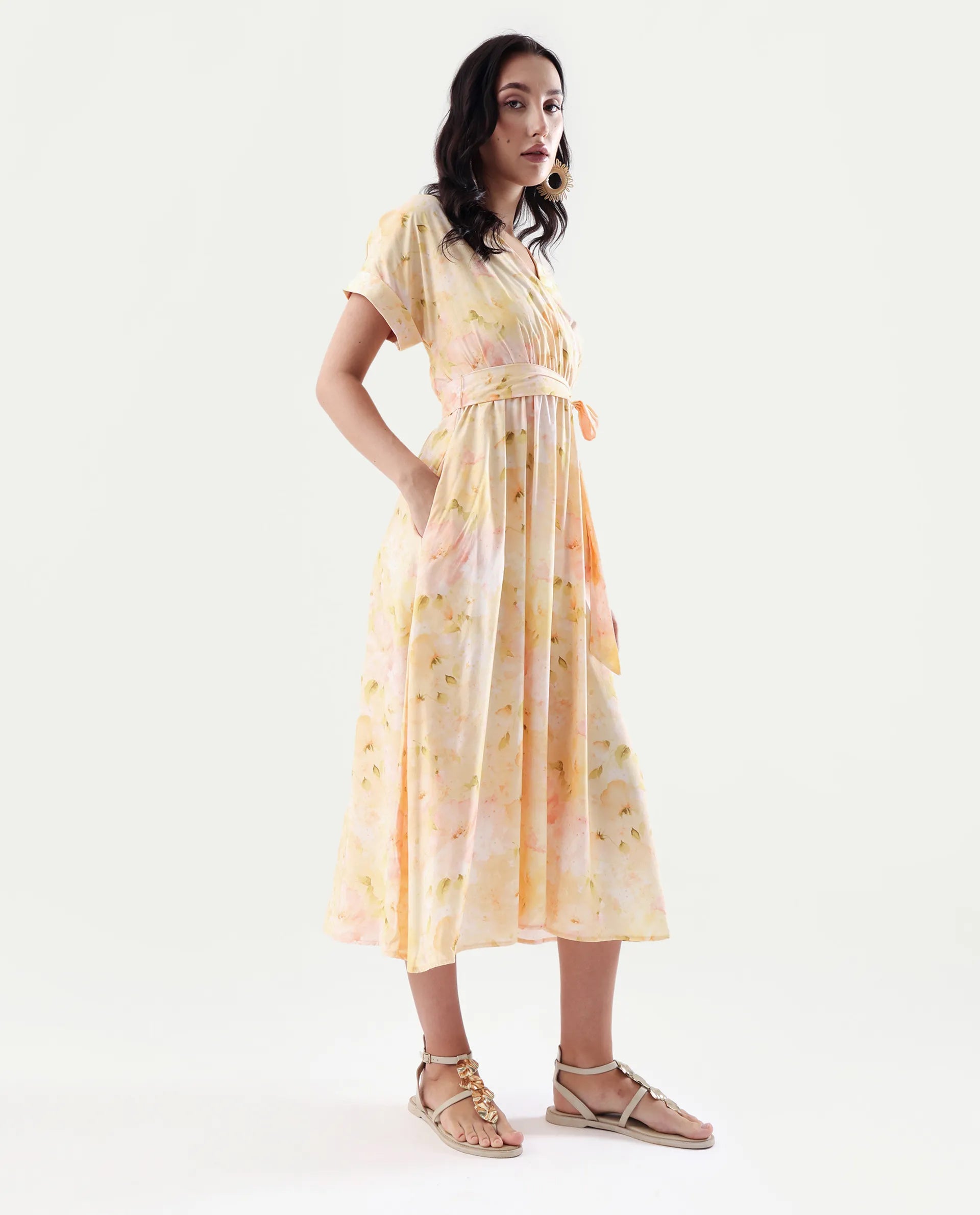 Rareism Women's Elavi Yellow Viscose Overlap Neck Flared Printed Midi Dress - Image 6