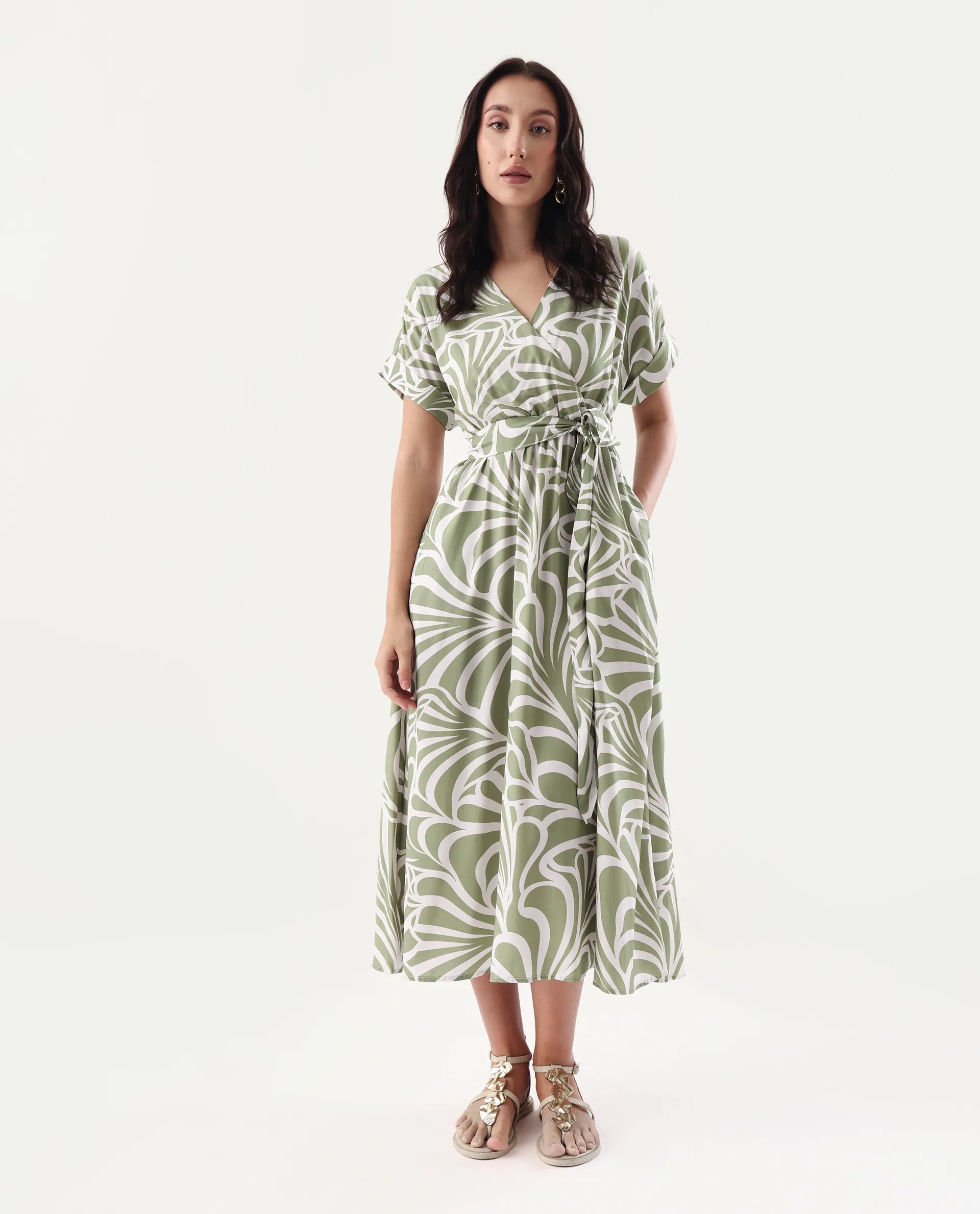 Rareism Women's Elean Olive Viscose Overlap Neck Flared Printed Midi Dress - Image 2