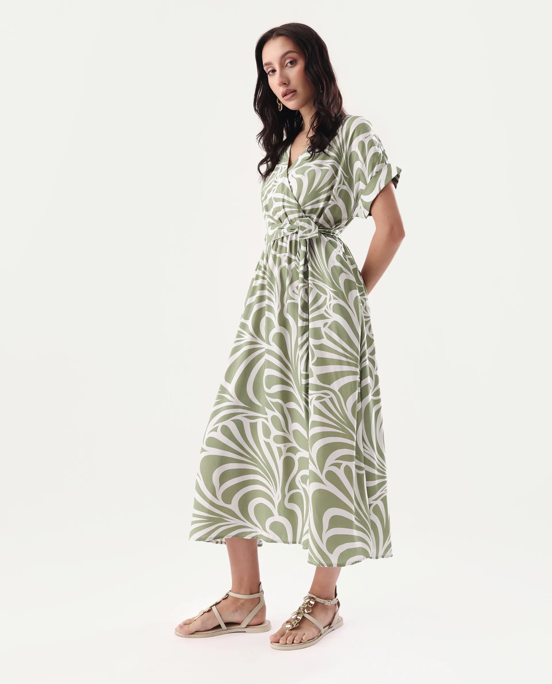 Rareism Women's Elean Olive Viscose Overlap Neck Flared Printed Midi Dress - Image 6