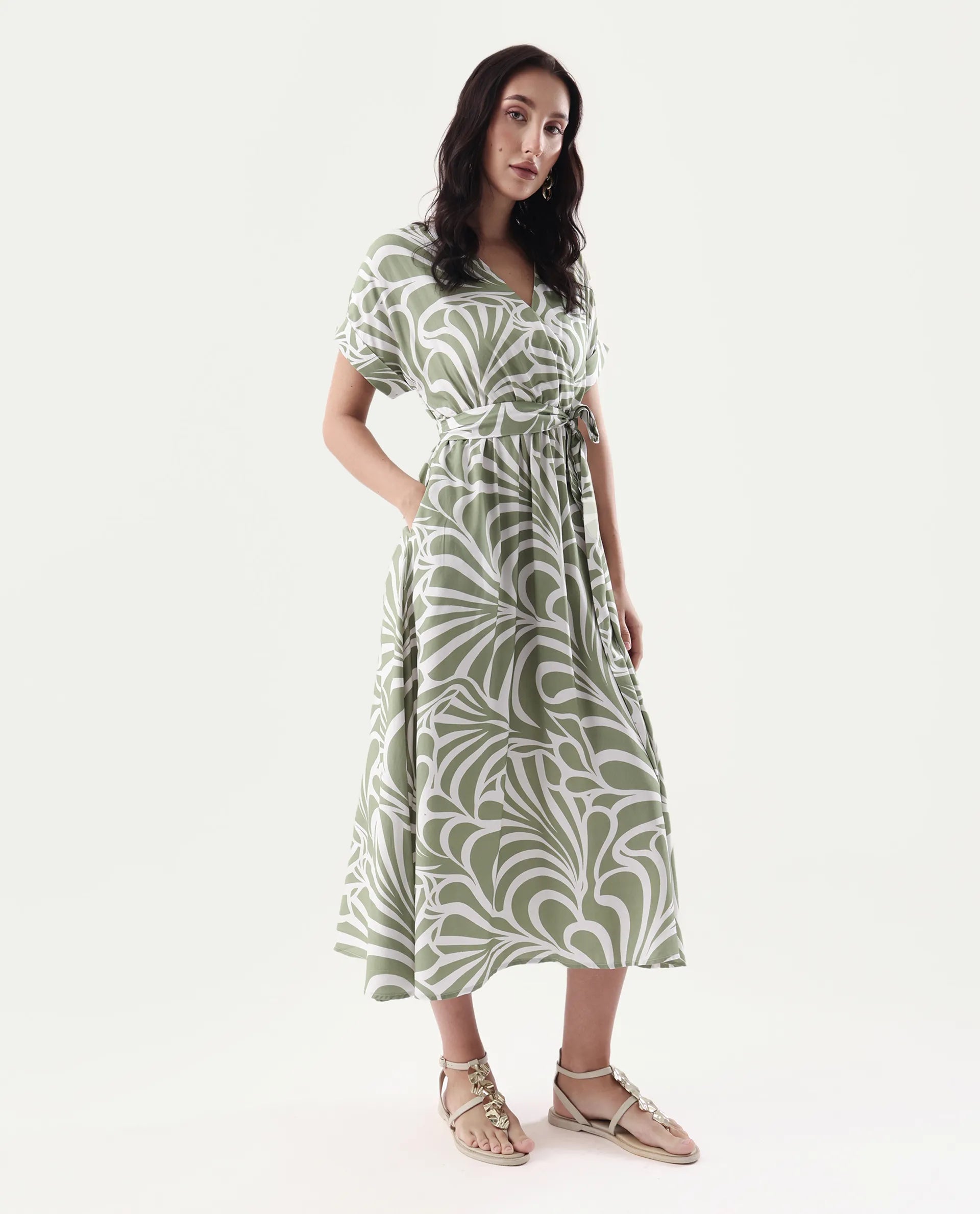 Rareism Women's Elean Olive Viscose Overlap Neck Flared Printed Midi Dress - Image 7